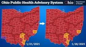 All but four of Ohio’s 88 counties are on red alert for the spread of the coronavirus this week, despite continuing declines in cases and hospitalizations. The only change from last week was Hamilton County improving from purple to red. 