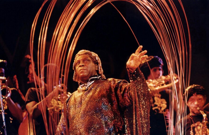 Sun Ra and his Arkestra perform with a steel sculpture on Sept. 23, 1978, at Hill Auditorium in Ann Arbor, Michigan.