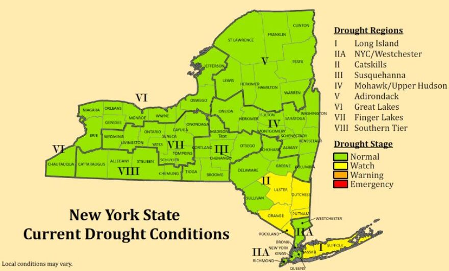 A map of New York State depicts each county and its drought stage, with most of the counties being in a normal stage and highlighted in neon green.