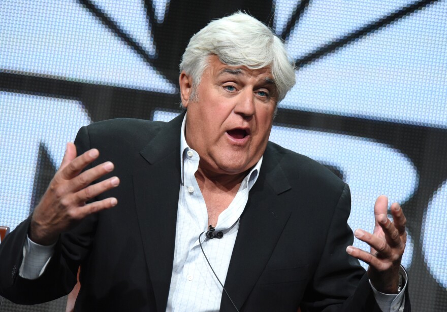 FILE - In this Thursday, Aug. 13, 2015, file photo, Jay Leno participates in the "Jay Leno's Garage" panel at the The NBCUniversal Summer TCA Tour at the Beverly Hilton Hotel in Beverly Hills, Calif. Former Tonight Show host Leno is set to host the Nobel Peace Prize concert on Dec. 11, 2015, at the Telenor Arena in Oslo, Norway, organizers announced Monday, Nov. 16. (Photo by Richard Shotwell/Invision/AP, File)