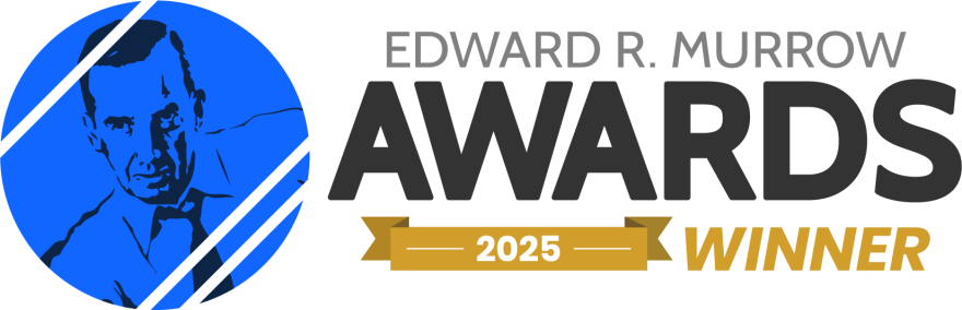 Image of Edward R. Murrow on top of a blue circle alongside text Edward R. Murrow Awards 2025 Winner.