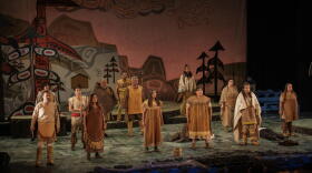 "Kutulagaaw: the Tlingit-Russian Battles," starring Naadaayi Héen Awsikóo, Ḵaa Yahaayí Shkalneegi / Muriel Reed, Konrad Frank, Kira Apaachuaq Eckenweiler, George Gunanaa Gooch Holly, Kenny Ray Ramos, Allan Diton Hayton, Madeline Soboleff Levy, Valentine Washington, Jaylynn Martin, Yeeslánaalx Tláa / Kaachgún Rochelle Smallwood, Bo Shimmin, Carlyn Costales. (Courtesy of Sealaska Heritage Institute and Perseverance Theatre)