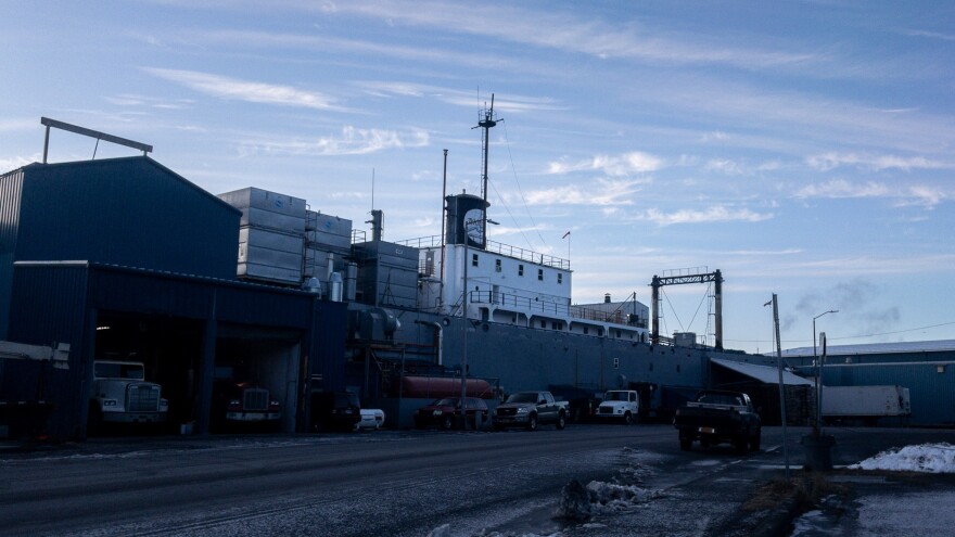 The plant in Kodiak is features a retired boat as a major part of its facility, right next to the ferry dock. (Brian Venua/KMXT)