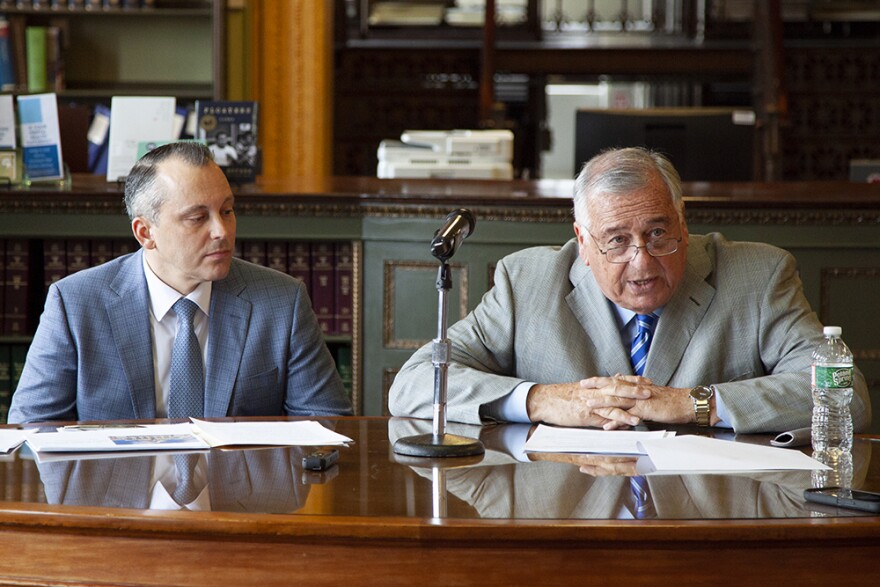 House Speaker Ron Mariano (right), flanked by House Ways and Means Committee Chair Rep. Aaron Michlewitz, said his team's $56.2 billion fiscal 2024 budget aims to be "consistent in the legacy of fiscally responsible leadership." 