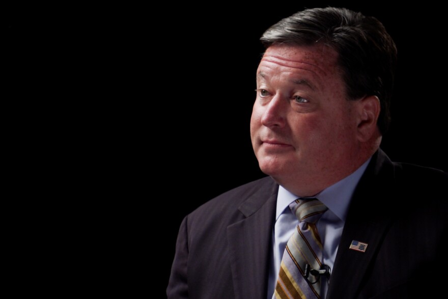 Indiana Attorney General Todd Rokita sits for an interview. Rokita is a White man with dark hair, wearing a suit and tie.