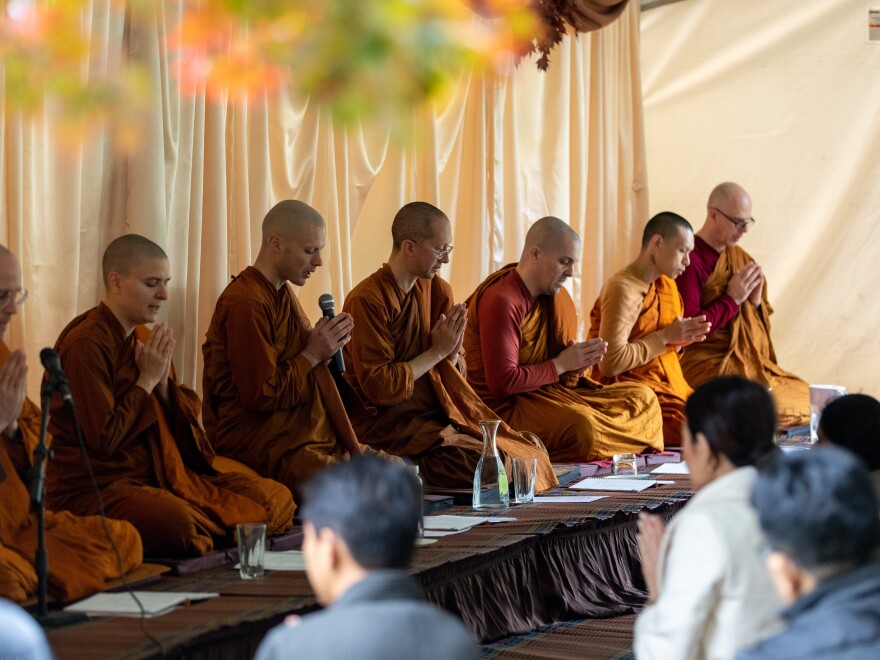 The monks of Empty Cloud Monastery worship with members of the public. The monastery opens its doors to whoever is curious about Buddhist teachings.