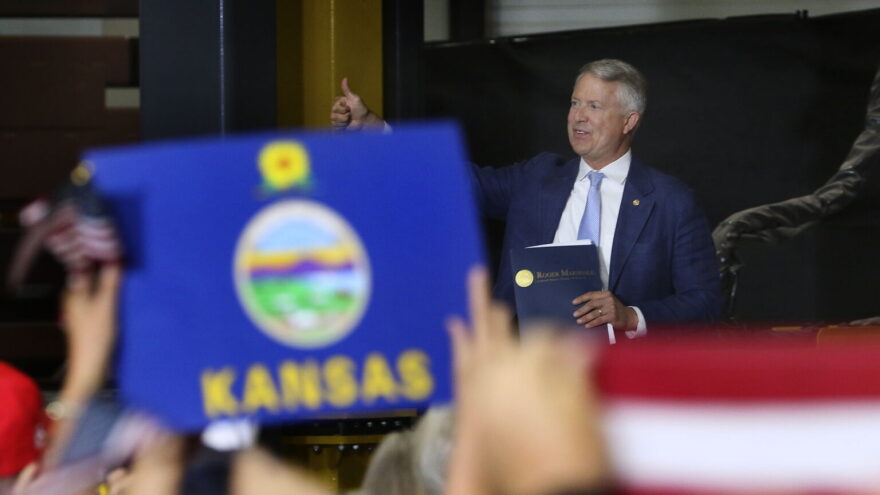 U.S. Sen. Roger Marshall gestures to the crowd at an Oct. 26, 2026, rally in Topeka with Vice President JD Vance.
