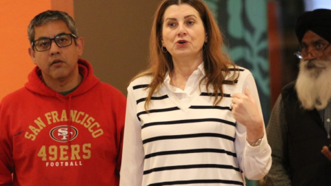 Fresno City Manager Georgeanne White speaks to a room of more than 50 Fresno artists, the majority of whom are Measure P arts grant recipients, at a Feb. 9 community meeting in the Tower District.