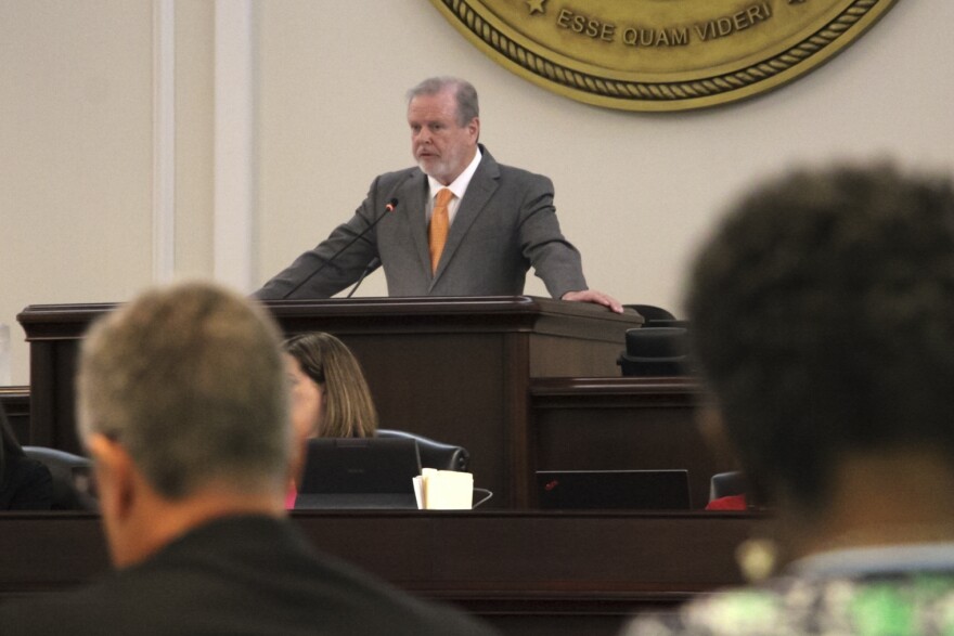 FILE - North Carolina Senate leader Phil Berger presides over a Senate floor debate on new abortion restrictions, May 4, 2023, in Raleigh, N.C. A ban on green investing cleared North Carolina’s GOP-controlled legislature on Tuesday, June 13, as part of a broader Republican crusade against big businesses that champion sustainability and workplace diversity. (AP Photo/Hannah Schoenbaum, File)