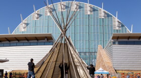 Riverside Indian School students demonstrate how to set up a tipi outside of the First Americans Museum during its Indigenous Peoples' Day celebration on October 12, 2026.