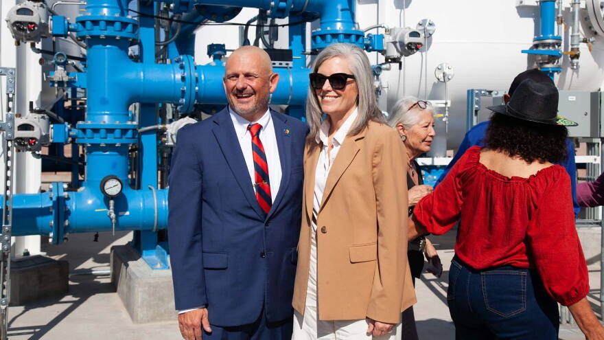 Director of Tucson Water John Kmiec and Governor Katie Hobbs at the Tucson Airport Remediation Project facility in Tucson, Ariz., on Tuesday, Sept. 1, 2026.