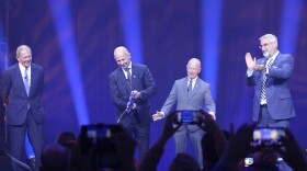 Saab CEO Michael Johansson, Purdue President Mitch Daniels, and Indiana Gov. Eric Holcomb cut the ribbon for the new facility.