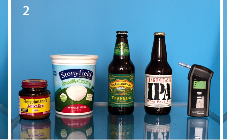 1. Sierra Nevada, Lagunitas, Breathalyzer 2. Yeast, Yogurt, Sierra Nevada, Lagunitas, Breathalyzer 3. Nalgene with water, Sierra Nevada, Lagunitas, Breathalyzer.