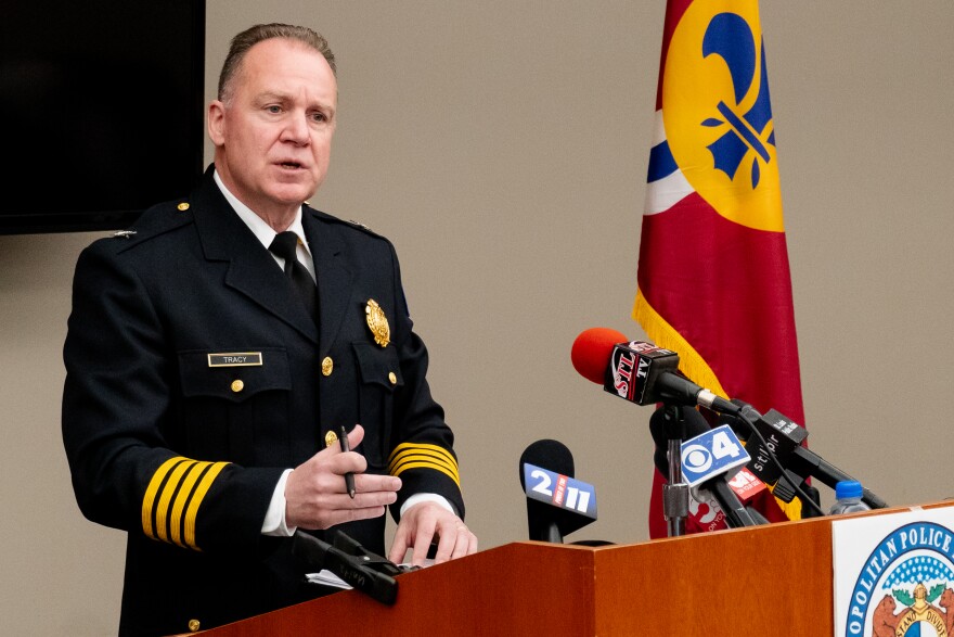 Chief Robert Tracy, of the St. Louis Metropolitan Police Department, speaks on Friday, April 21, 2023, during a press conference regarding his first 100 days in the office at the police headquarters in Downtown West.