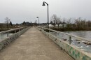 A bike/pedestrian bridge over the Willamette River. Lamp posts line the bridge. Trees and buildings are on the far riverbank. 