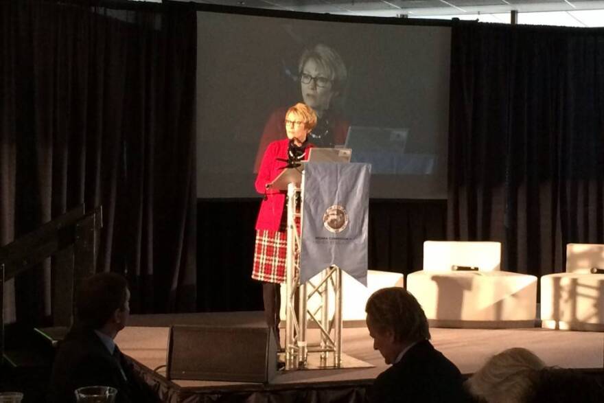 Ivy Tech Community College President Sue Ellspermann speaks at the event announcing Indiana's new partnership with Credential Engine.