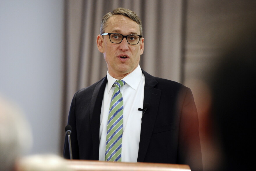 Office of Policy and Management Secretary Ben Barnes holds a presentation on Connecticut Gov. Dannel Malloy's budget proposal for members of the media at the Legislative Office Building in Hartford in 2017. 