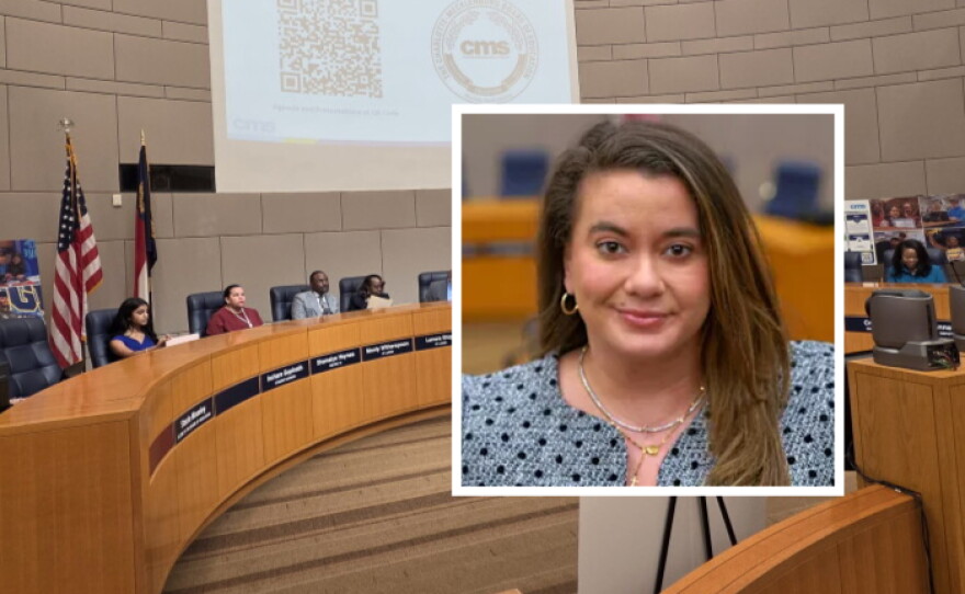 Inset photo of woman within larger photo of board at dais