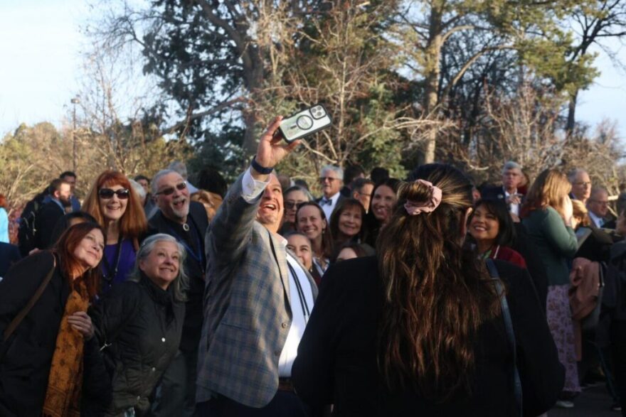Sen. Leo Jaramillo (D-Española) leads lawmakers in a “fire drill selfie” on Feb. 12, 2026. (Patrick Lohmann/Source NM)