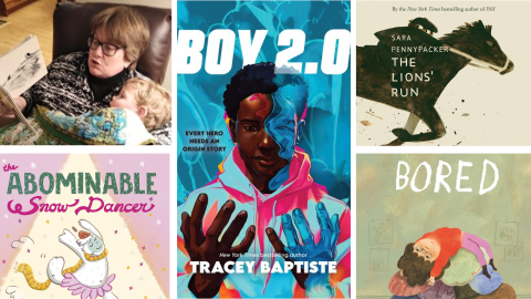 a collage of children's book covers and a photo of a woman reading to a young child