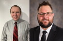 Two photos are placed next to each other. A middle aged white man is in the left photo. He wears a grey button down shirt with a red and black diagonal striped tie. He has short brown hair and eyebrows and he's standing against a white wall. A younger looking white man is in the photo on the right. He has brown hair, a mustache and a clean cut looking beard. He is wearing a dark blue dress coat, a dark blue tie and a white button down shirt. The background has faded dark blues, tans and greys.