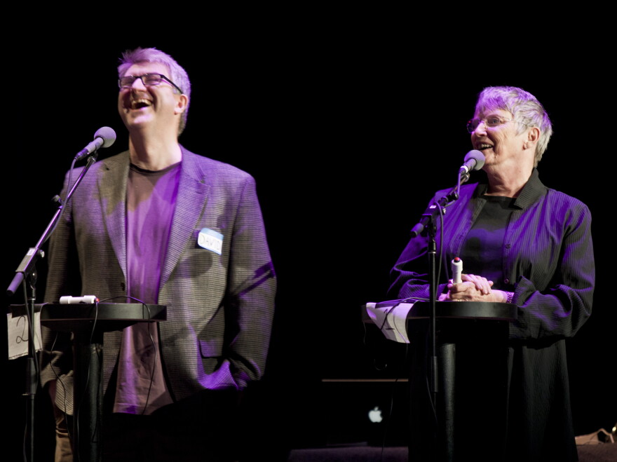 Young adult author Lois Lowry (right) and contestant David Finnerty make a great team.