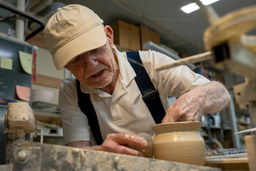 Michael Wendt shapes a pot on his pottery wheel on Tuesday, Jan 27, 2026 at Wendt Pottery in Lewiston.