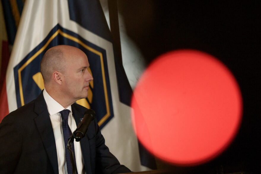 Gov. Spencer Cox speaks during a press conference at the Capitol in Salt Lake City on the final night of the legislative session, Friday, March 6, 2026.