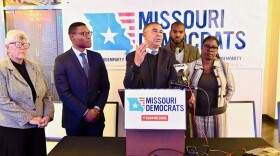 U.S. Rep. Lacy Clay, D-University City, (center) and Missouri Democratic lawmakers gathered in the Delmar Loop on October 15, 2018 to demand that Missouri Attorney General Josh Hawley drop his appeal of a challenge to the state's voter photo ID law.