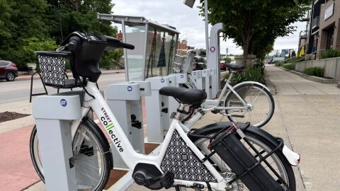 An e-bike at one of Des Moines' bike share stations, BCycle on Ingersoll Avenue, where you can rent regular and electric bicycles.