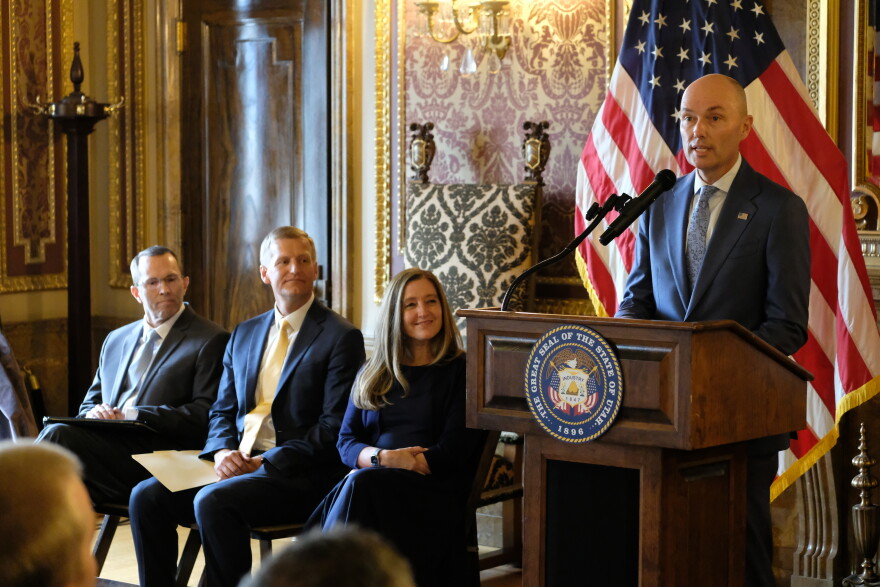 Utah Supreme Court nominees Judge Matthew Bell (far left) and Michael Menssen (left) sit alongside 3rd District Court Nominee Elizabeth Butler as Gov. Spencer Cox announced their nominations during a press conference at the Utah State Capitol, Aug. 28, 2026.