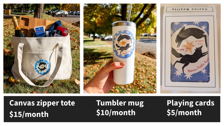 A three-paneled image shows a large tote bag filled with food for a picnic, a tall mug with a lid and straw, and a deck of playing cards. Each item is decorated with artwork showing silhouettes of a coyote and hare as if chasing each other in a circle. A blue twilight background with white stars frames the image. The canvas zipper tote is available for a donation of $15/month, the tumbler for $10/month and the playing cards for $5/month.