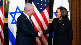US Vice President Kamala Harris meets with Israeli Prime Minister Benjamin Netanyahu in the Vice President's ceremonial office at the Eisenhower Executive Office Building in Washington, DC, on July 25, 2024.