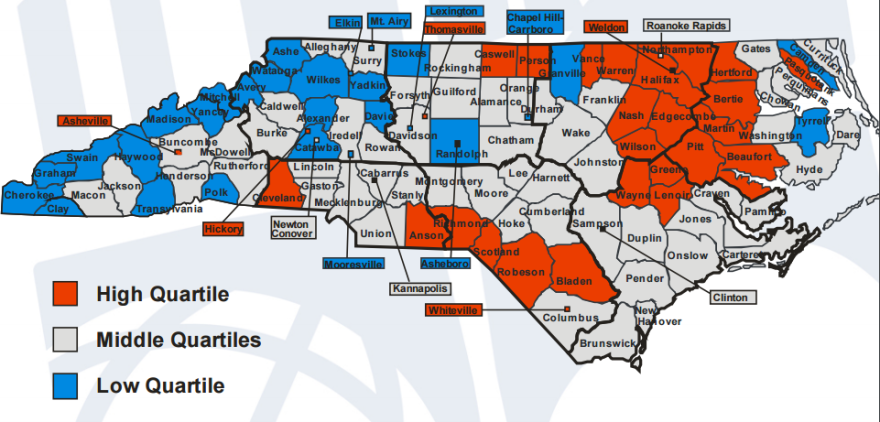 The map from the DPI report shows the highest and lowest 3-year suspension rates by district.