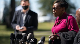 Wanda Cooper-Jones, mother of Ahmaud Arbery, talks with the media outside the Glynn County Courthouse in Brunswick, Georgia.