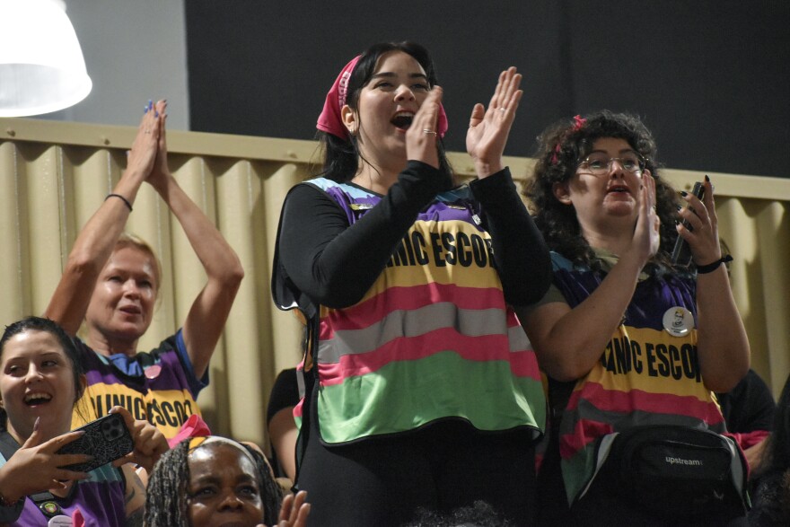 Supporters cheer during a rally for reproductive rights at the Grady Cole Center in Charlotte on June 24, 2023.