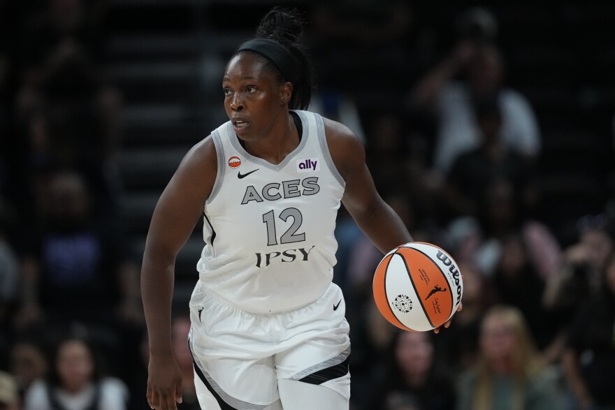 Las Vegas Aces guard Chelsea Gray (12) during the first half of a WNBA preseason basketball game against the Dallas Wings in Austin, Texas, Sunday, May 3, 2026. (AP Photo/Eric Gay)