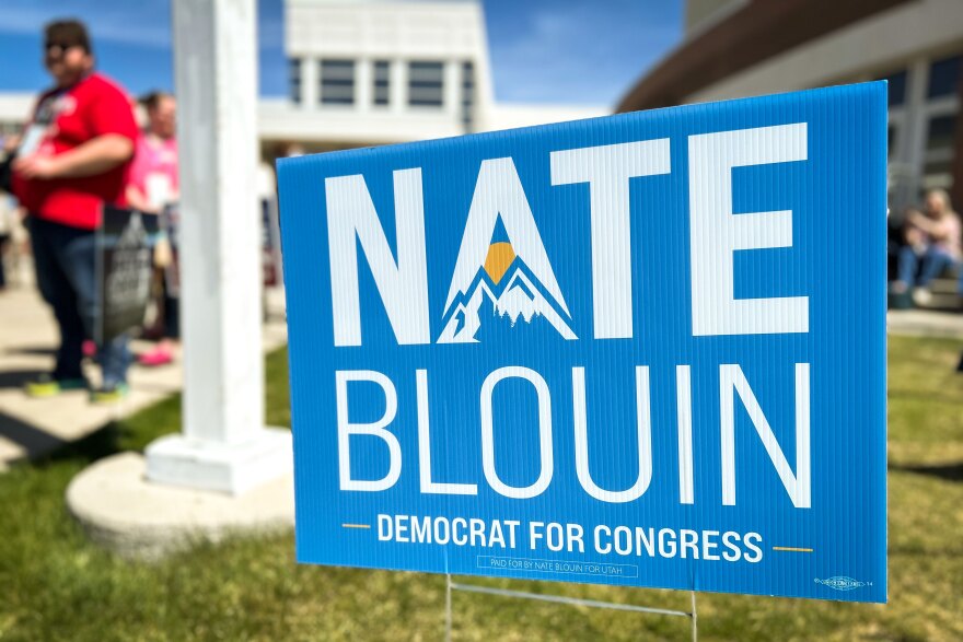 A Nate Blouin campaign lawn sign outside of the Utah Democratic Convention at Jordan High School in Sandy, April 25, 2026.