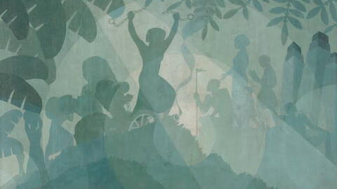 Painting depicts Harriet Tubman breaking shackles. 