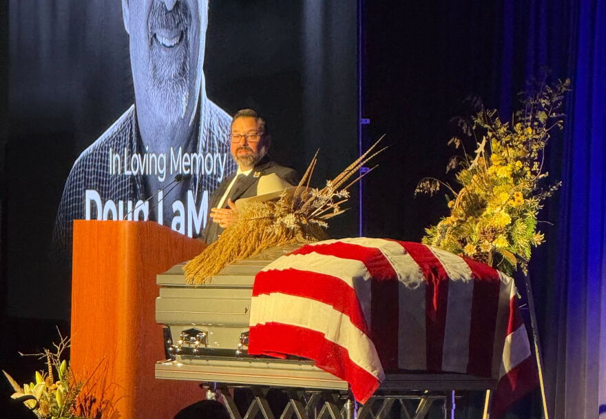 Chief of staff Mark Spannagel speaking at Doug LaMalfa's memorial service at the Silver Dollar Fairgrounds, Chico on Jan. 24, 2026.