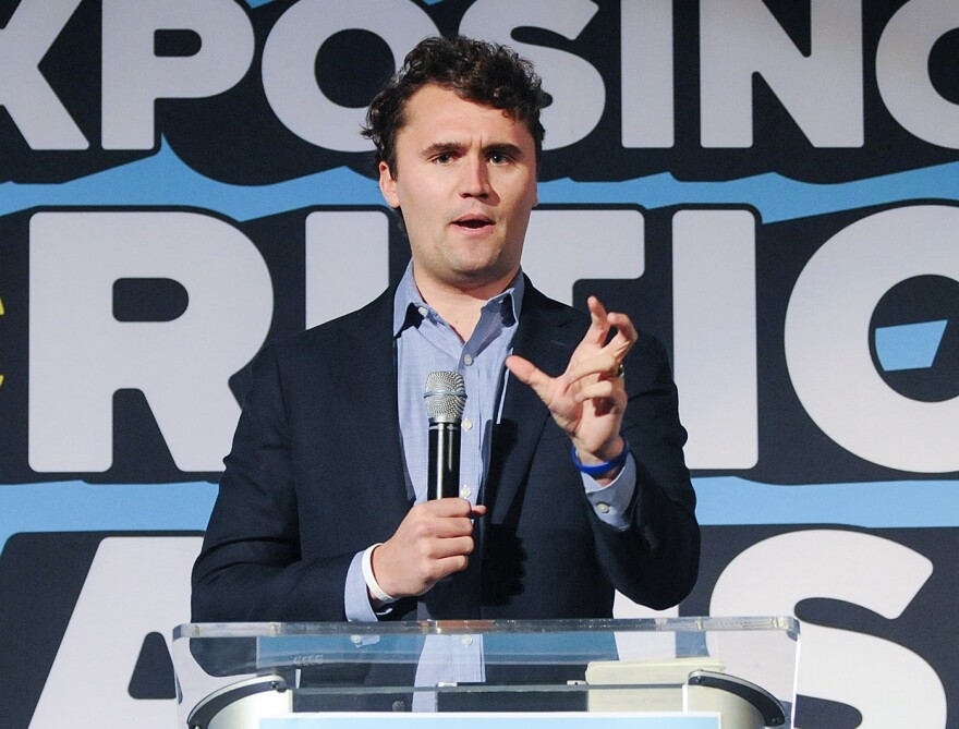 Turning Point USA founder Charlie Kirk speaks to the audience at the “Exposing Critical Racism Theory” tour held at the Mayo Clinic Health System Event on Oct. 5, 2021, in Mankato, Minn. It was the second stop of an eight-stop tour, visiting universities across America. (AP Photo/Jackson Forderer)