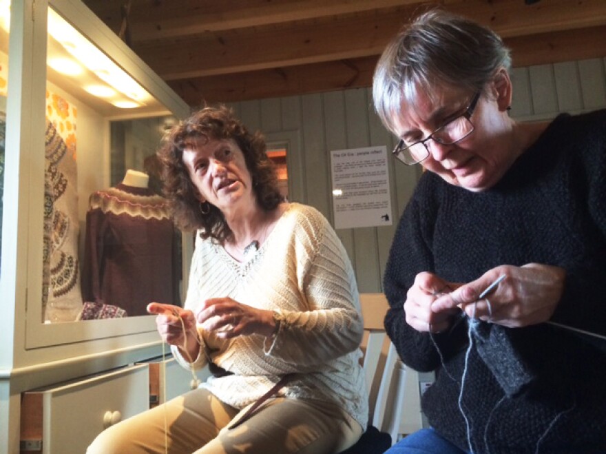 Shetland locals Marian Ockendon (left) and Wilma Johnson knit upstairs at the Shetland Textile Museum in Lerwick, Shetland's capital.