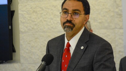 SUNY Chancellor John King speaks to reporters on Jan. 26, 2023, at Stony Brook University on Long Island.
