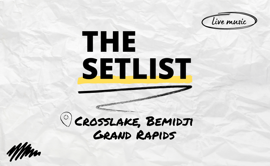 "The Setlist" and "Crosslake, Bemidji, Grand Rapids" written over a crumpled paper background.