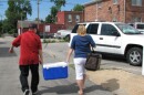 Volunteers pack up meals to be delivered to seniors at the Carondelet Senior Center in south St. Louis. 2008. 200 pixels