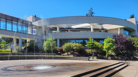 Eugene City Council Chambers and fountain as seen on June 13, 2024.