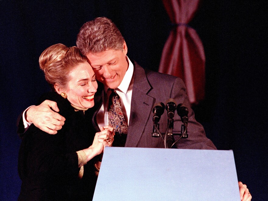 Bill Clinton hugs his wife Hillary at his election night party in New Hampshire in 1992. Clinton finished second, but after an even worse showing in Iowa, he declared himself the "comeback kid."