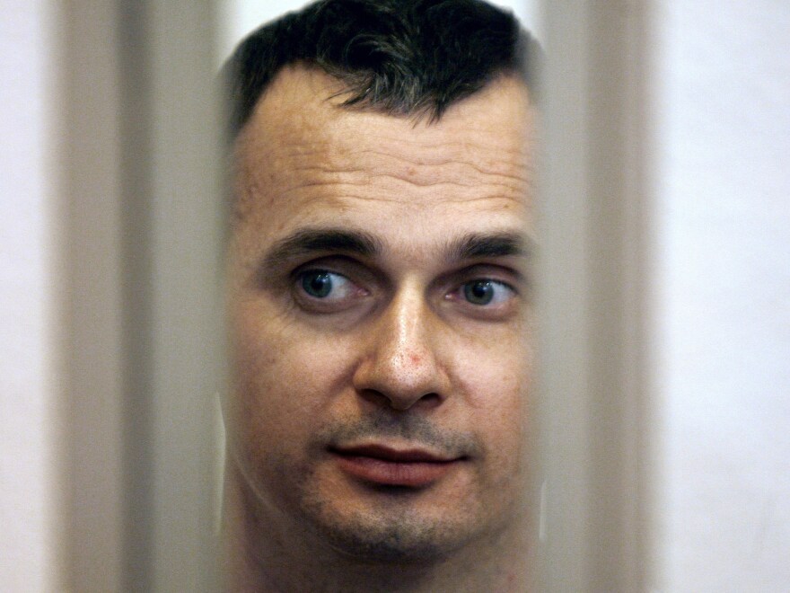 Ukrainian film director Oleg Sentsov is seen inside of the defendant's cage in a military courtroom in the southwestern Russian city of Rostov-on-Don in July 2015.
