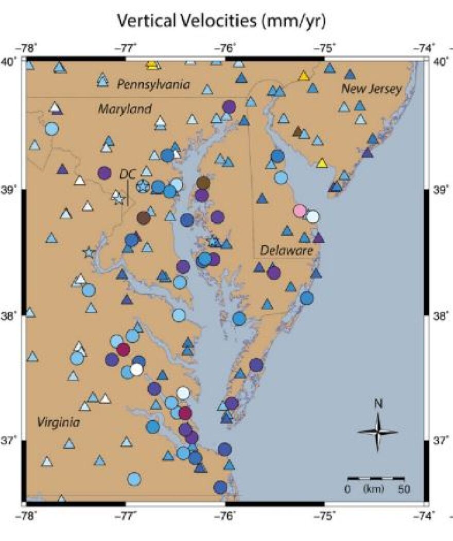 A map shows the research sites across the Chesapeake Bay region. Triangles represent permanent, continuous monitoring stations; circle spots were measured periodically by researchers onsite.