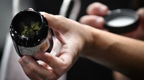 Beth Bell, the manager of Fresh Green, displays the contents of a child-proof-jar the medical marijuana dispensary sells that contains the flower of the marijuana plant.